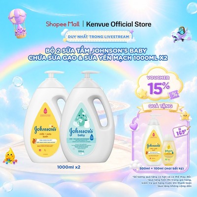 [KOL] Bộ 2 chai Sữa tắm Johnson's Baby chứa sữa gạo & yến mạch 1000ml
