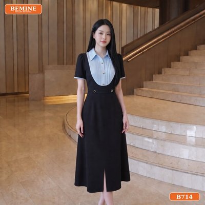 Đầm thiết kế BEMINE cổ sơ mi phối dáng chữ A phù hợp đi làm-B714