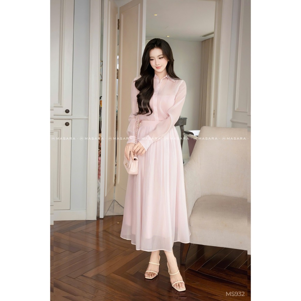 Set Áo Sơ Mi Masara Tơ Hồng Pastel Phối Chân Váy Xếp Ly Dài Có Kèm Áo Lót MS932