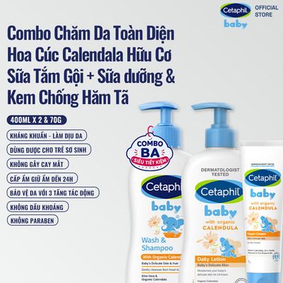 Bộ Sữa tắm gội 400ML + Sữa dưỡng ẩm 400ML + Kem chống hăm tã 70G dịu lành cho bé với Calendula hoa cúc hữu cơ
