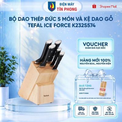 Bộ dao thép Đức 5 món và kệ dao gỗ Tefal Ice Force K232S574, 20cm/20cm/18cm/11cm/9cm - BH Chính Hãng