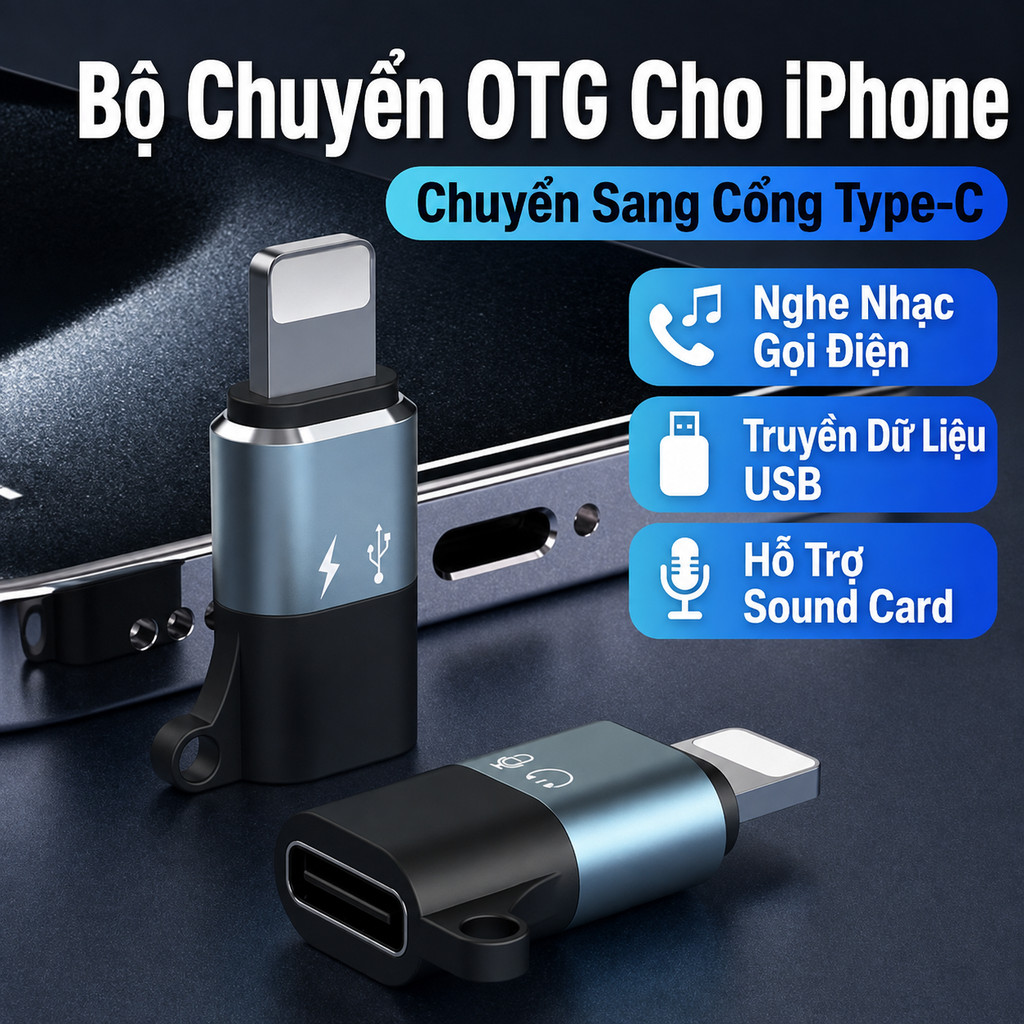 Đầu Chuyển OTG 2 Chiều Type-C Sang Lightning, Hỗ Trợ Tai Nghe, Micro, USB OTG, Sạc Nhanh Cho iPhone 