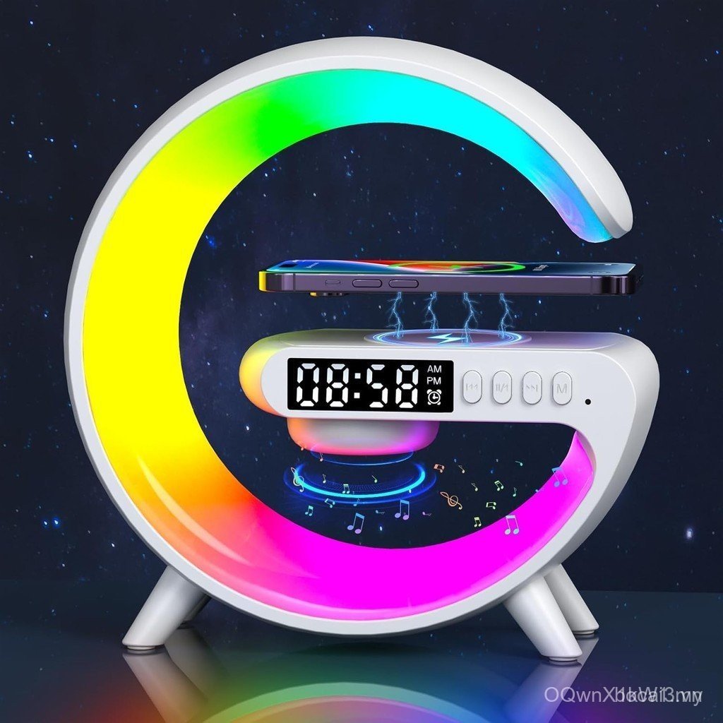 Mini Wireless Speaker Lamp with Alarm Clock, Wireless Charging, Atmosphere Light, Bedside Table Lamp