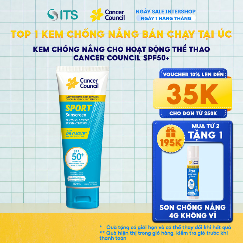 Kem Chống Nắng Cancer Council Sport SPF50+ Cho người chơi thể thao, kháng nước 4h-110ml CA0008/ CA00