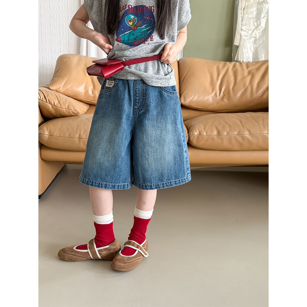 BEIFU BEIFU Trẻ Em Mùa Hè Thời Trang Dán Nhãn Quần Jean Năm Điểm Quần Short Bé Gái Cổ Rộng Quần Giữa