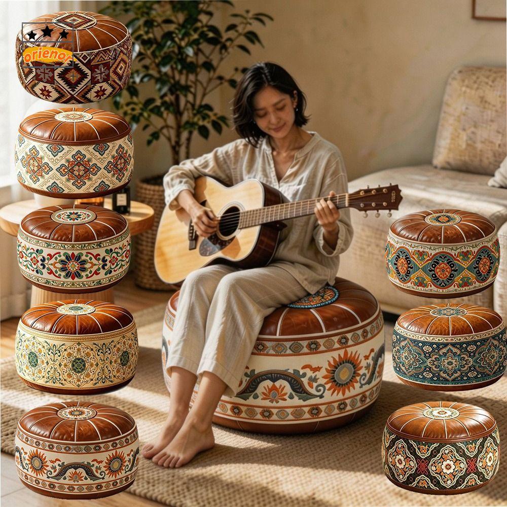 Ghế đẩu Ottoman tròn ORIENOR, Vỏ bọc ghế chân bằng da PU, Phong cách cổ điển Hình tròn hình học hình