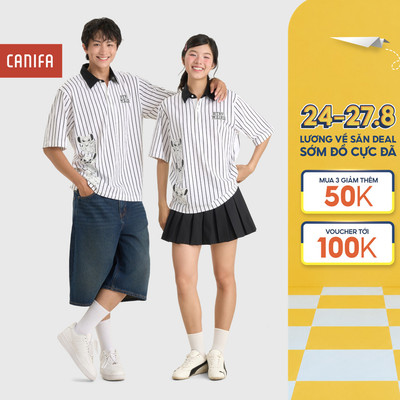 Áo polo unisex nam nữ CANIFA oversize cổ bẻ cộc tay họa tiết kẻ sọc in hình Stitch 5TP26C001