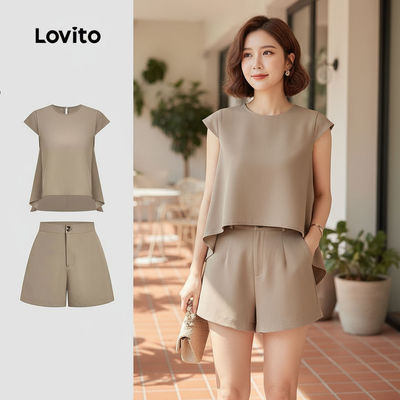 Bộ quần short kaki xếp ly phong cách Lovito Phong cách thường ngày dành cho nữ mùa xuân hè L154ED206