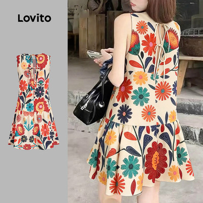 Đầm Lovito Kỳ nghỉ phong cách dân tộc lai bèo xếp nếp phối nơ sau mùa xuân/hè phong cách cho nữ L178ED600