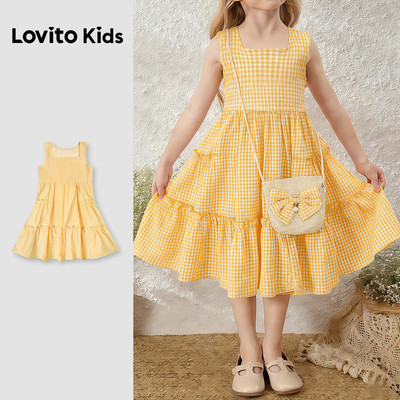 Lovito Kids Phong cách thường ngày Đầm bé gái vàng xuân hè ôm eo xếp nếp xinh xắn L186LD191