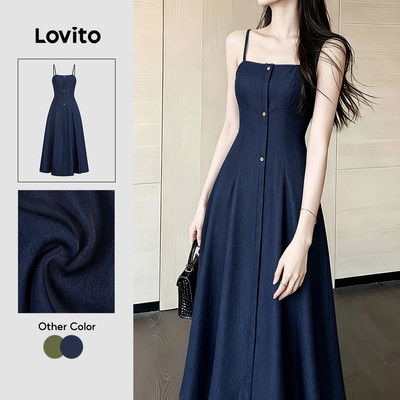 (New Arrival) Lovito Đầm thường ngày màu xanh navy tay ngắn dáng chữ A mùa xuân/hè LK7LD1007