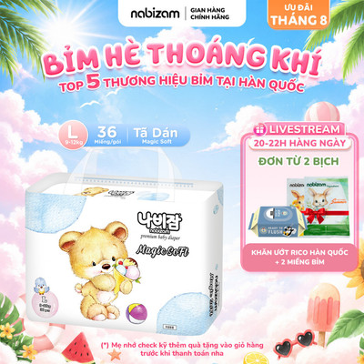 [TÃ DÁN] Tã/Bỉm Dán NABIZAM Magic Soft Nội Địa Hàn Mềm Mại, Mỏng Nhẹ, Thấm Hút Nhanh Size L Cho Bé Từ 9-12kg, 36 Miếng