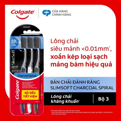 Bộ 3 Bàn chải Colgate Slimsoft Charcoal Spiral lông chải kháng khuẩn, xoắn kép loại sạch mảng bám