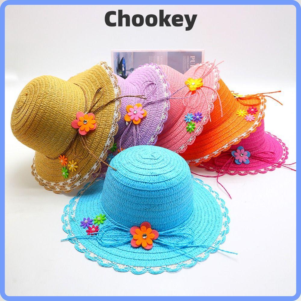CHOOKMY Mũ Rơm, Trang Trí Hoa Mũ Chống Nắng Vành Rộng, Ngọt Ngào 3-7Year Handmade Nón Du Lịch