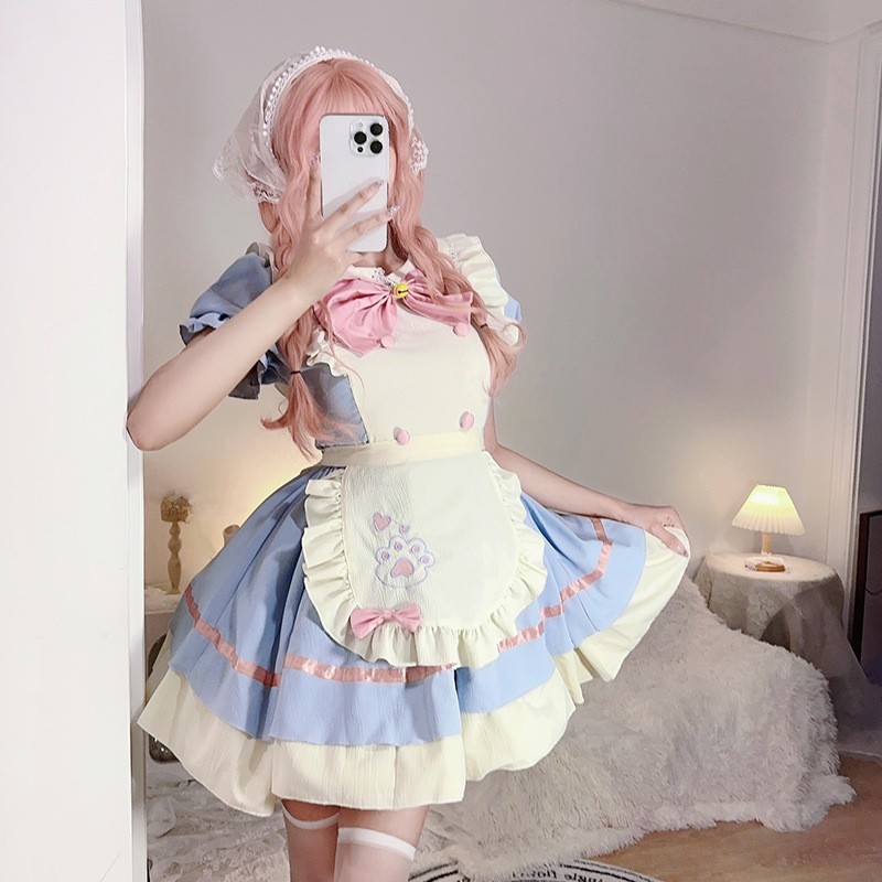 Nhà Hàng Mèo op Nữ Ngắn lolita Đầm Tạp Dề Nhật Bản lolita Cô Gái Ngọt Ngào Tay Phồng Đầm RX9W
