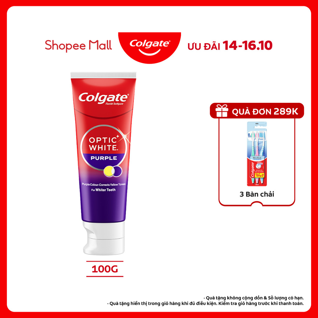 Kem Đánh Răng Colgate trắng răng Optic White Purple 100g công nghệ sắc tím, trung hòa ố vàng tức thì