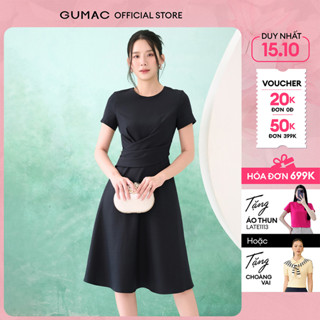 Đầm nữ form A xếp ly eo đính nút kim loại trang trí vải bố linen thời trang GUMAC DF07050