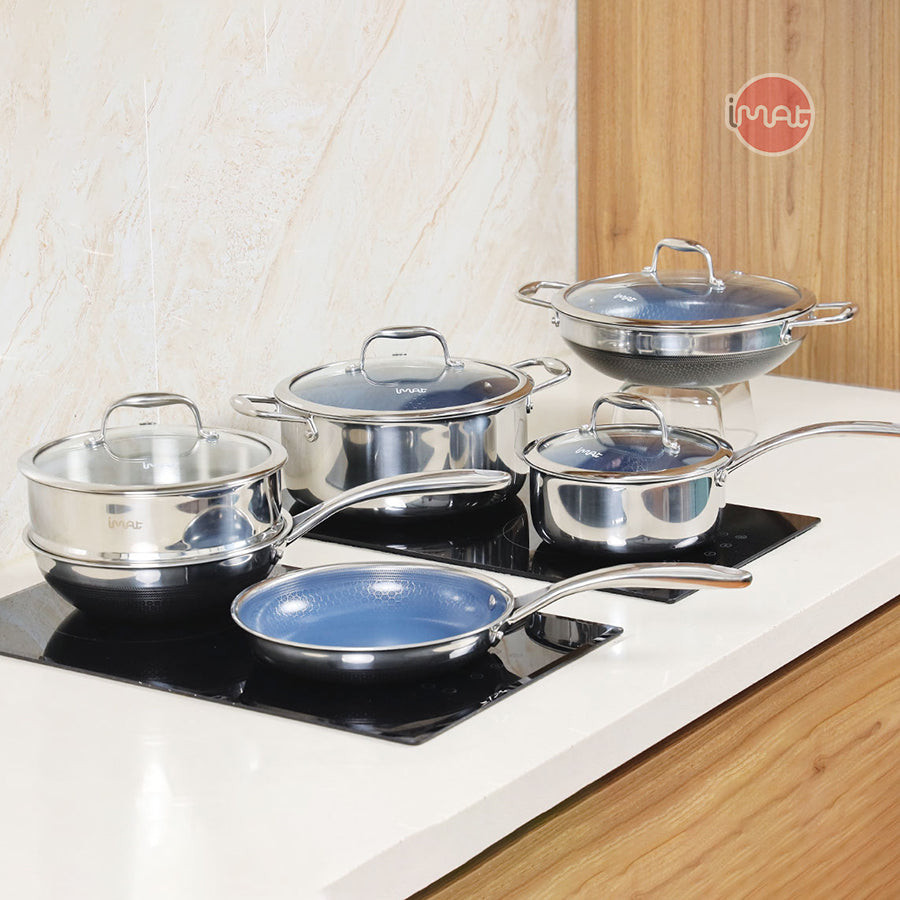 Bộ 5 nồi chảo iMat Hybrid tráng gốm xanh