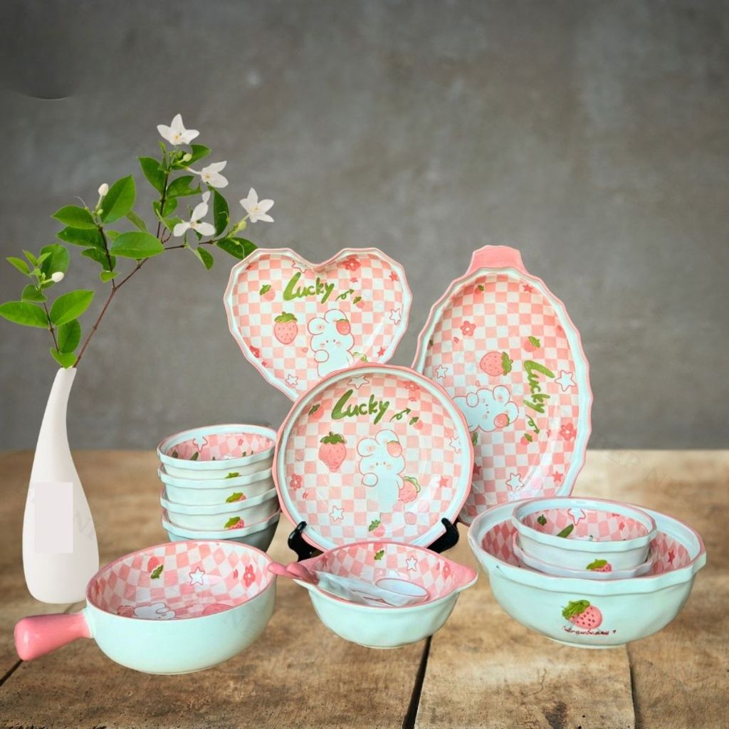Bộ bát đĩa sứ Decor, Chén dĩa dễ thương, Bát ăn cơm, Bộ chén dĩa hoạ tiết Thỏ hồng Lucky siêu đẹp