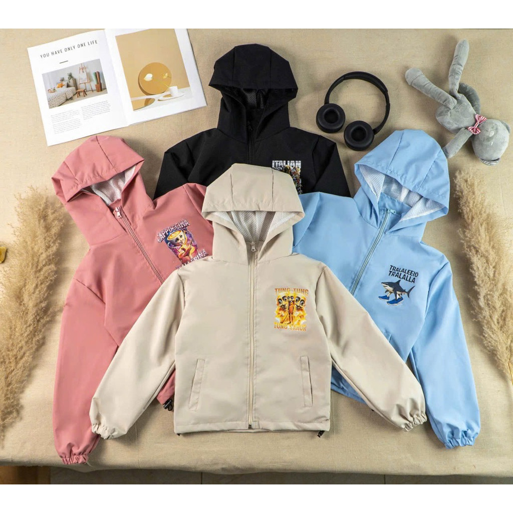 Áo khoác gió trẻ em Italia brainrot, áo gió tralalero tralala, áo tung tung sahur trẻ em 2 lớp lót l