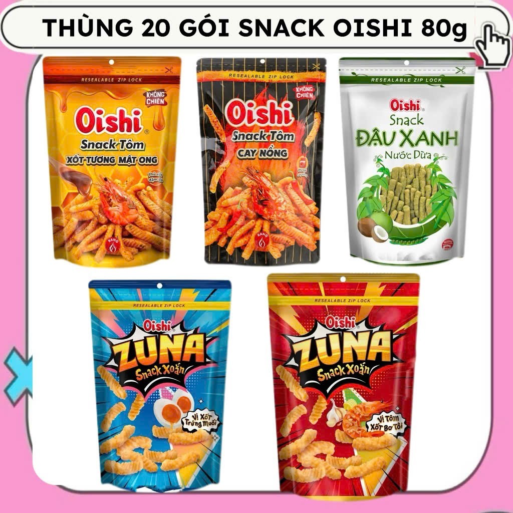 THÙNG 20 GÓI Snack Oishi 65 Túi Zip các vị [ Nhựa Nhập Khẩu Thái Lan]