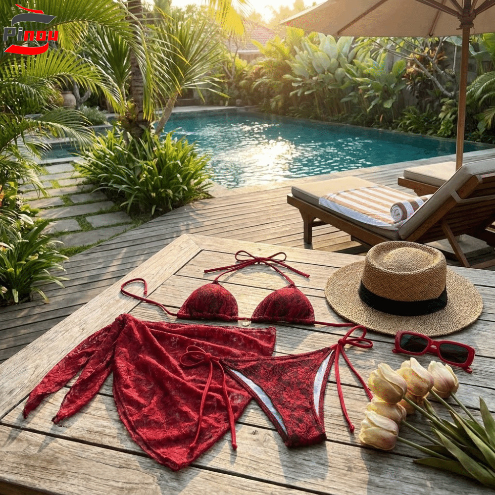 Bộ Bikini Brazil PINOU, Đồ bơi ba mảnh lưới dây, Váy che màu đỏ thông thường Bikini ren Nylon tắm