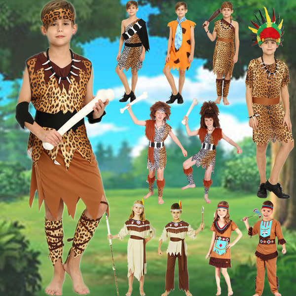 Mới Halloween Cosplay Trẻ Em Savage Trang Phục Primal Ấn Độ Quần Áo Tribe Savage Hunter Trang Phục