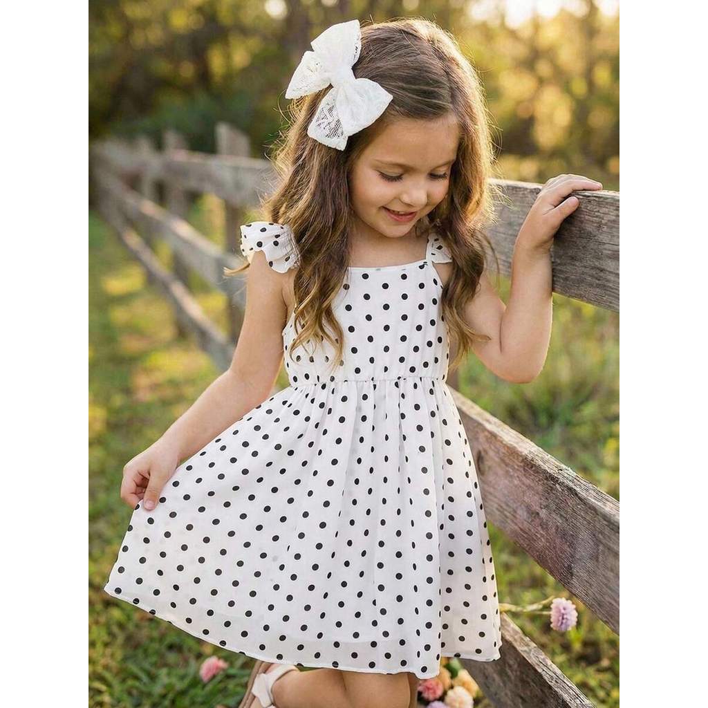 Kids  Kids Váy cami dệt chấm bi cổ vuông bèo nhún  cách thường ngày cho bé gáiThanh lịch, thời trang