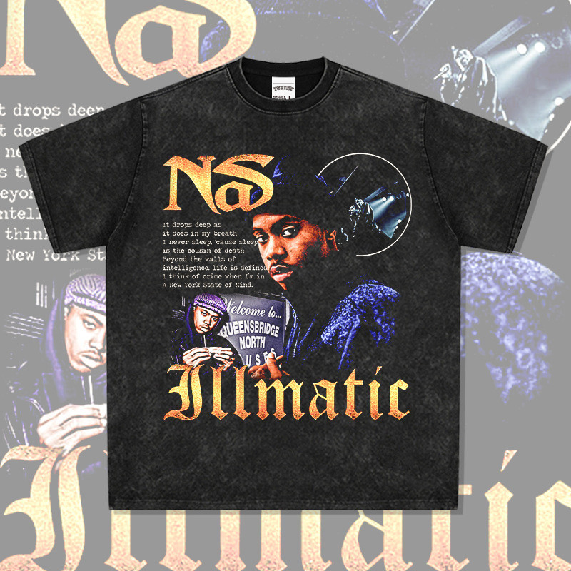 Hip Hop Rap Nass NAS In Hình Phố Cao Cấp Mỹ Mặc Đường Phố Dài Tay Ngắn Retro Rửa Đau Khổ Hợp Thời Tr