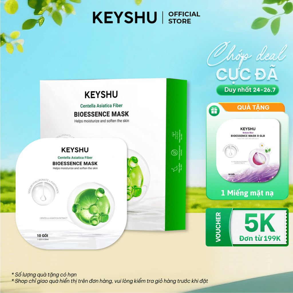 1 Hộp Mặt Nạ Sợi Xơ Rau Má Centella Fiber KEYSHU Dưỡng Ẩm, Hỗ Trợ Ngăn Ngừa Lão Hóa 10 Miếng 30ML