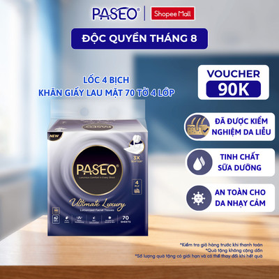 [Lốc 4 Gói] Khăn Giấy Lau Mặt PASEO Siêu Mềm Mịn Dưỡng Ẩm Cho Da Nhạy Cảm (4 Lớp) - Milky Lotion