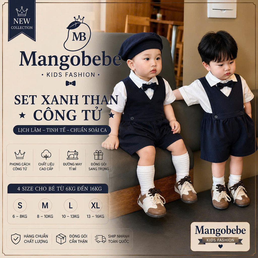 ( MANGOBEBE)Sét giống tử nhí yếm xanh navy tặng mũ  chất vải mềm mịn cho bé trai