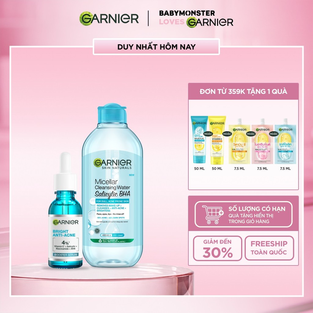 Bộ đôi dưỡng chất và nước tẩy trang làm sạch sâu, giảm mụn Garnier (mới)