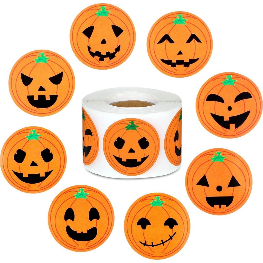 Outus 500 Miếng Dán Bí Ngô Halloween Cuộn Miếng Dán Vòng Tròn Mặt Miếng Dán Trang Trí Tiệc Halloween