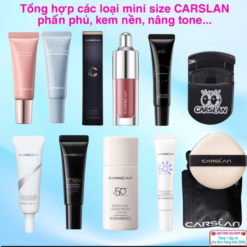 Tổng hợp các loại Mini size CARSLAN phấn phủ, kem lót, kem nền, nâng tone, son, mascara, kẹp mi, mút trang điểm...