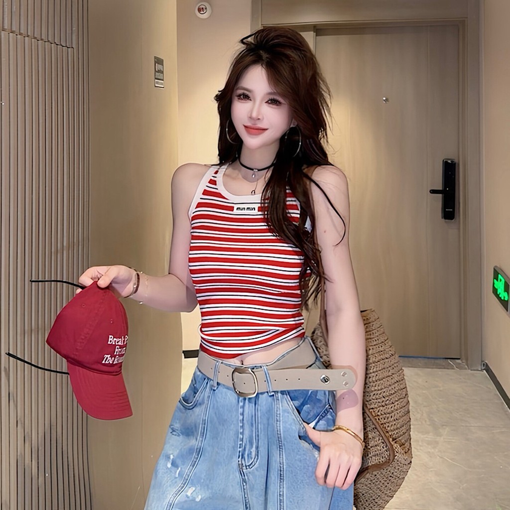 Retro Màu Sắc Tương Phản Sọc Camisole Nữ Mùa Hè Mặc Ngoài 2026 Phong Cách Mới Đẹp Ôm Vừa vặn Ngắn Ta