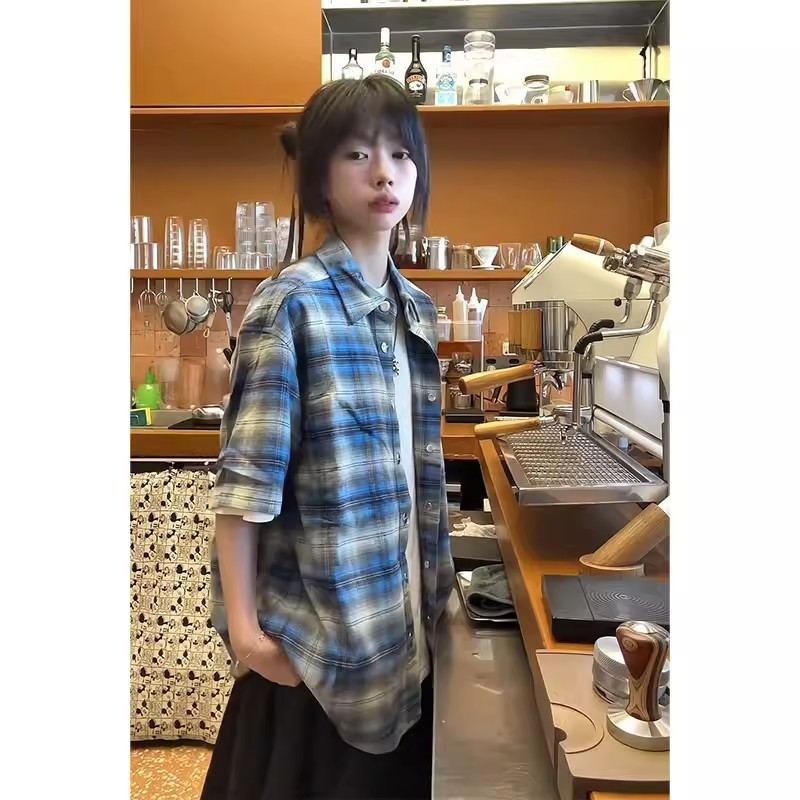 Vintage Mỹ Kẻ Sọc Xanh Áo Sơ Mi Tay Ngắn Nam Mùa Hè Cao Cấp Flannel Kẻ Sọc Áo Sơ Mi Áo Khoác