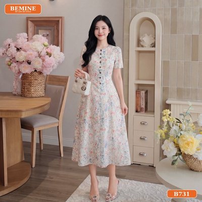 Đầm thiết kế BEMINE cổ tròn họa tiết hoa thô thêu dáng chữ A phù hợp đi chơi-B731
