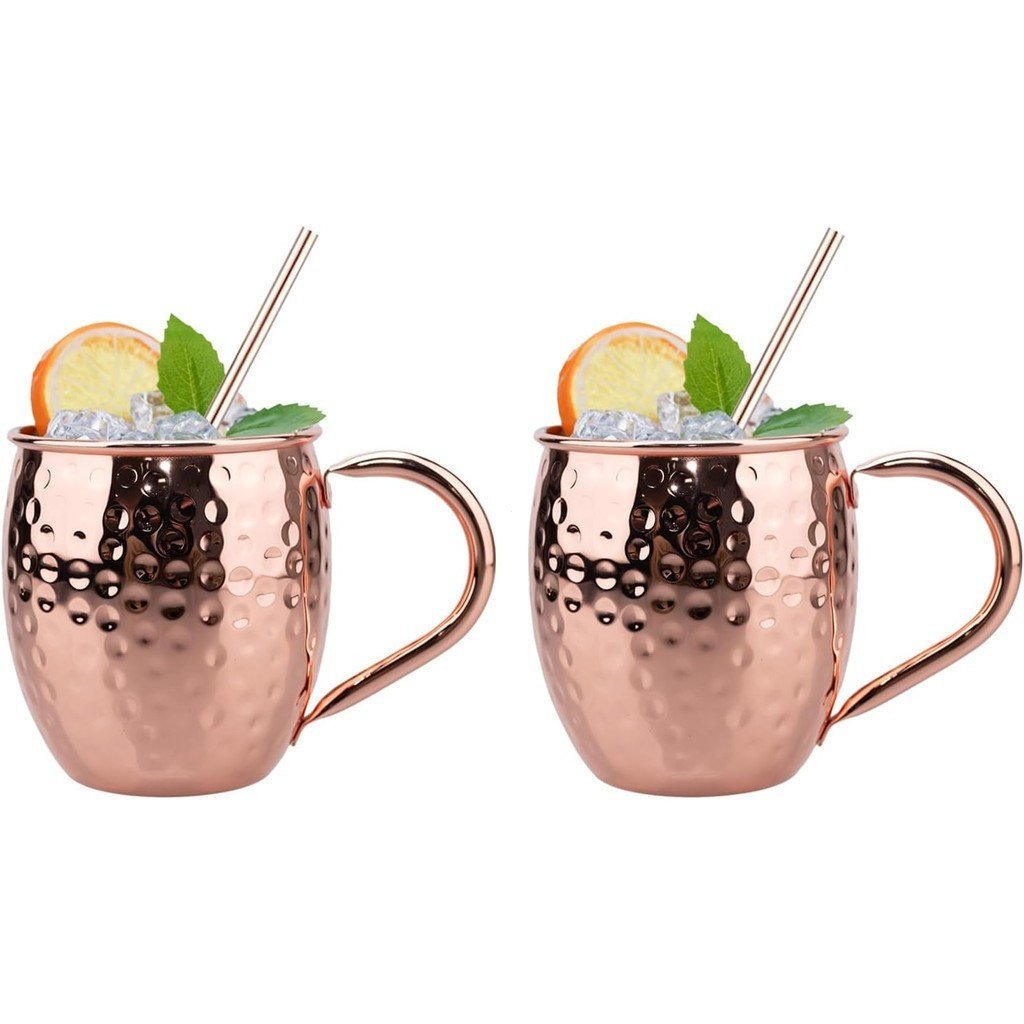 Moscow Mule Mugs Set of 2, Rose Hammered Mule Cup 17 oz, Stainless Steel Lining Brass Handles Mug Se
