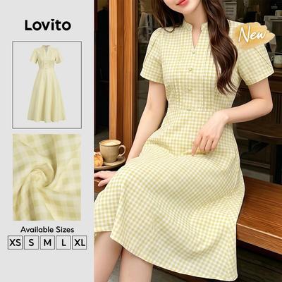(New Arrival) Lovito Váy nữ màu vàng xuân/hè kiểu dáng thanh lịch họa tiết cúc xếp ly DRB203TD206