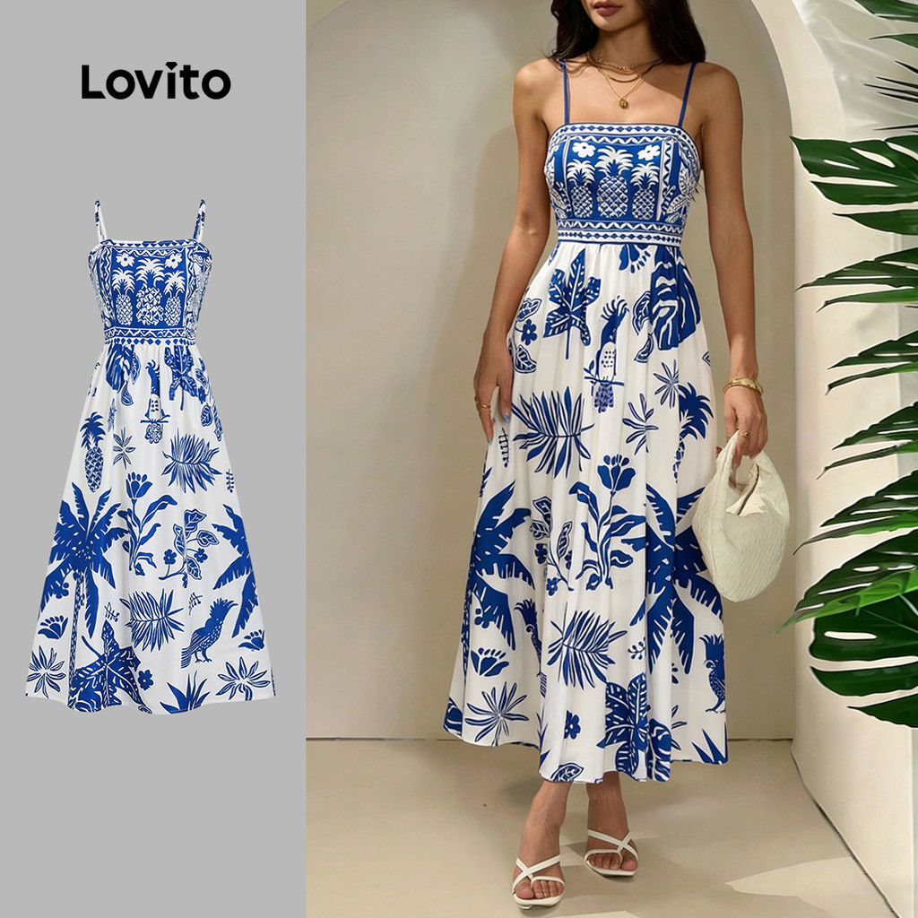 Lovito Đầm nữ xanh dương xuân hè dây kéo Boho LBL32054