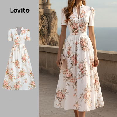 (New Arrival) Lovito Đầm Nữ Họa Tiết Thanh Lịch Dây Kéo Phong Cách Pháp lười biếng Mùa Xuân/Hè LBL36088