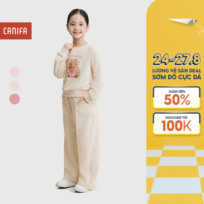 Bộ quần áo nỉ bé gái CANIFA cổ tròn dài tay quần xuông năng động 1ST25W008