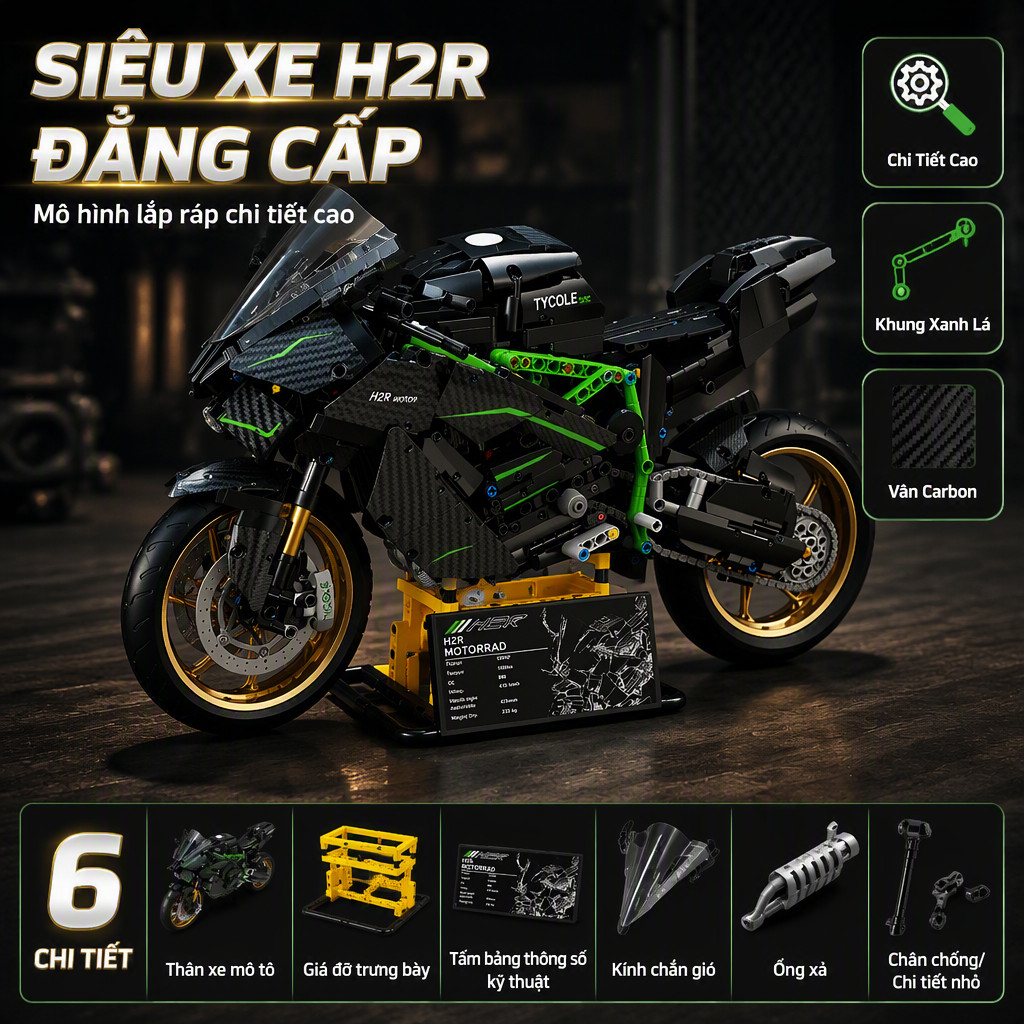 Mô hình xe máy Kawasaki H2R mô phỏng BMW Ducati tương thích Lego 1858 hạt ABS lắp ráp khung cơ khí x