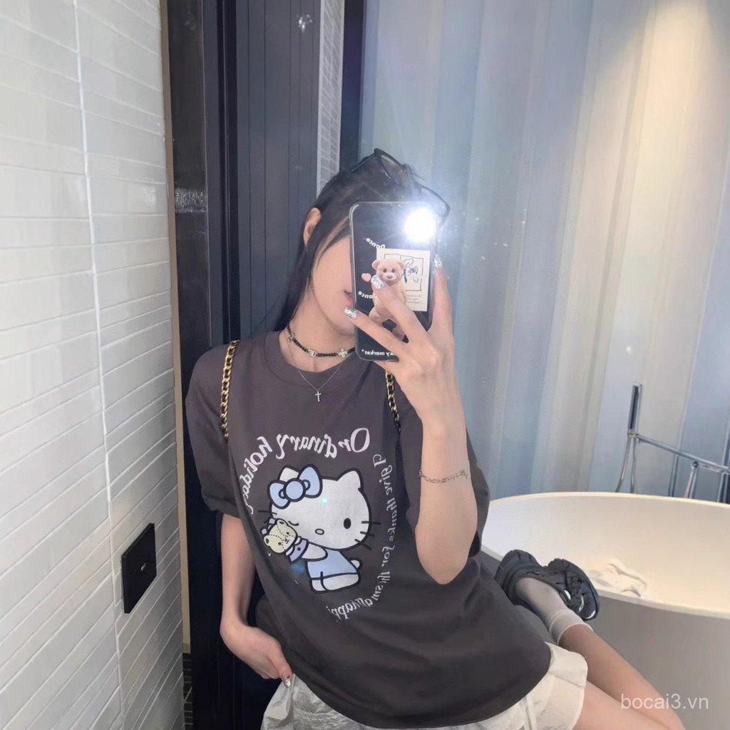 Q6QD South Korea ordinary Kim ji-su jisoo Same style short sleeve kitty Cat cartoon loose round neck