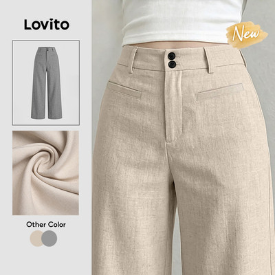 (New Arrival) Lovito Quần âu nữ giả túi cài cúc màu kaki mùa xuân/hè PTK8P1D829