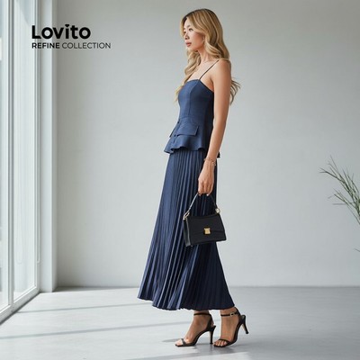 (Refine by Lovito) thanh lịch Áo hoặc Quần Kẻ Cạp xếp ly Nút Thời trang Xuân Hè LR18L053