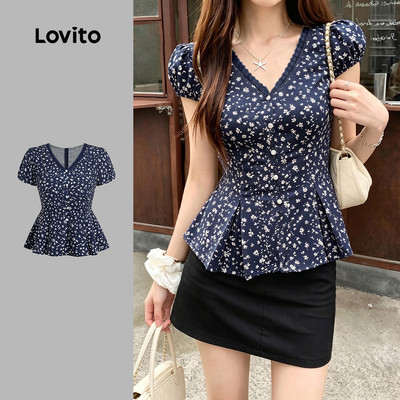 (New Arrival) Lovito Áo sơ mi thường dáng peplum họa tiết ren mùa xuân/hè màu xanh dương đậm cho nữ LK7AD041