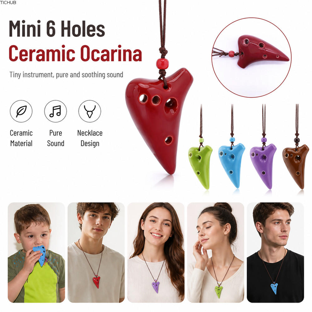 TICHUB Gốm Ocarina, Mặt dây chuyền Ocarina 6 lỗ có thể chơi được, Dây treo bao gồm Mini Alto C Ocari
