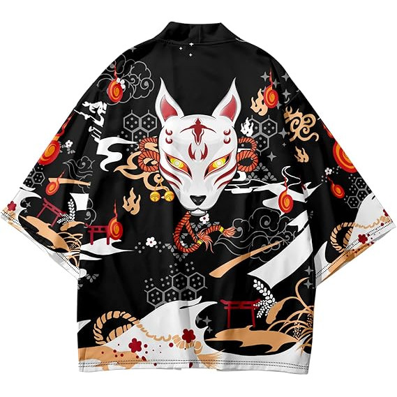 Nhật Bản Kitsune Fox ‐ Mask Haori Kimono Áo len hở trước, Áo khoác ngoài phong cách đường phố thông 